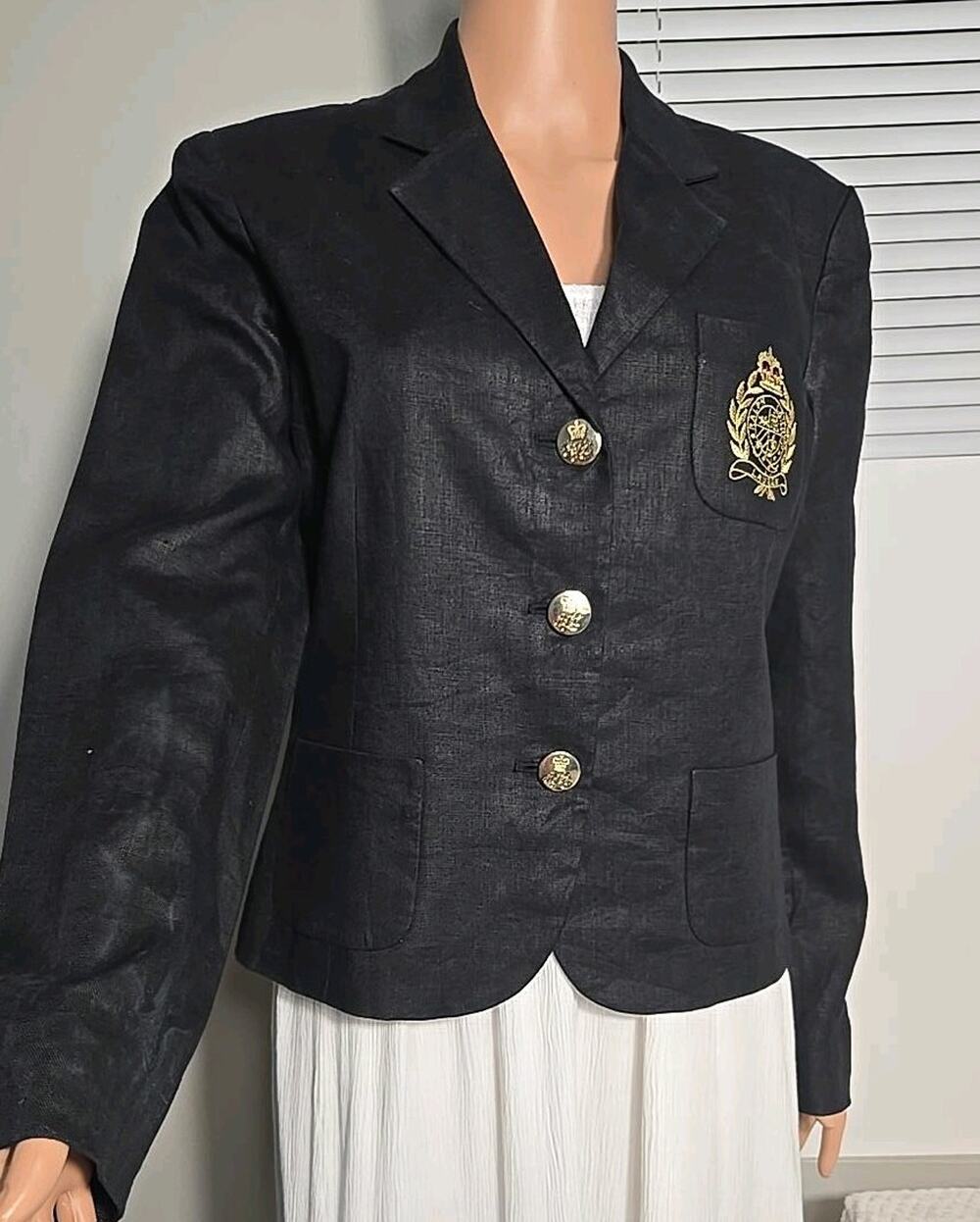 Lauren Ralph Lauren Blazer Womens 10 Black Linen Gold Crest Buttons Preppy #0372